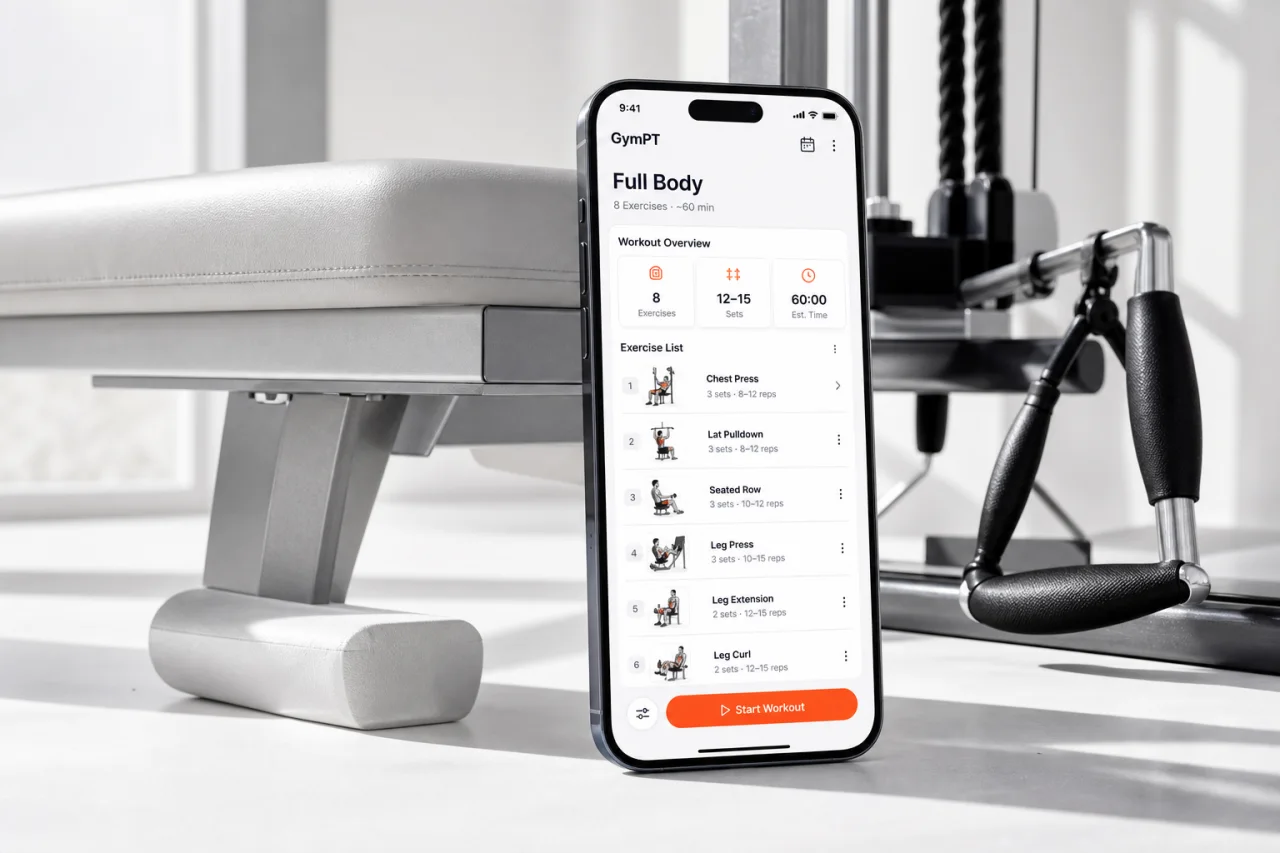 GymPT workout plan displayed on a phone next to gym machines