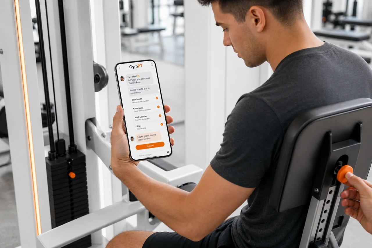 Beginner adjusting a machine and using GymPT coach chat