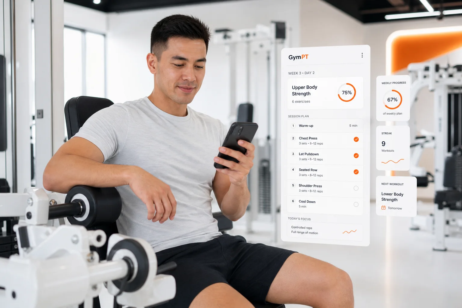 Beginner using GymPT to follow a machine workout in a modern gym