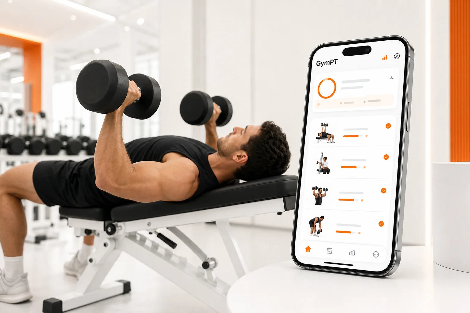 GymPT chest workout planning scene with dumbbell bench press and app UI