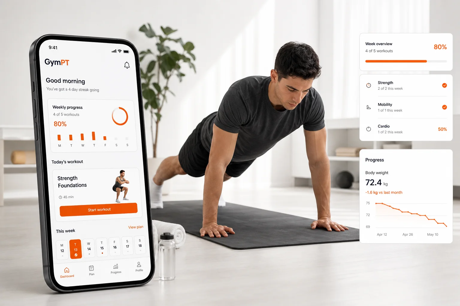 GymPT bodyweight only workout home training scene