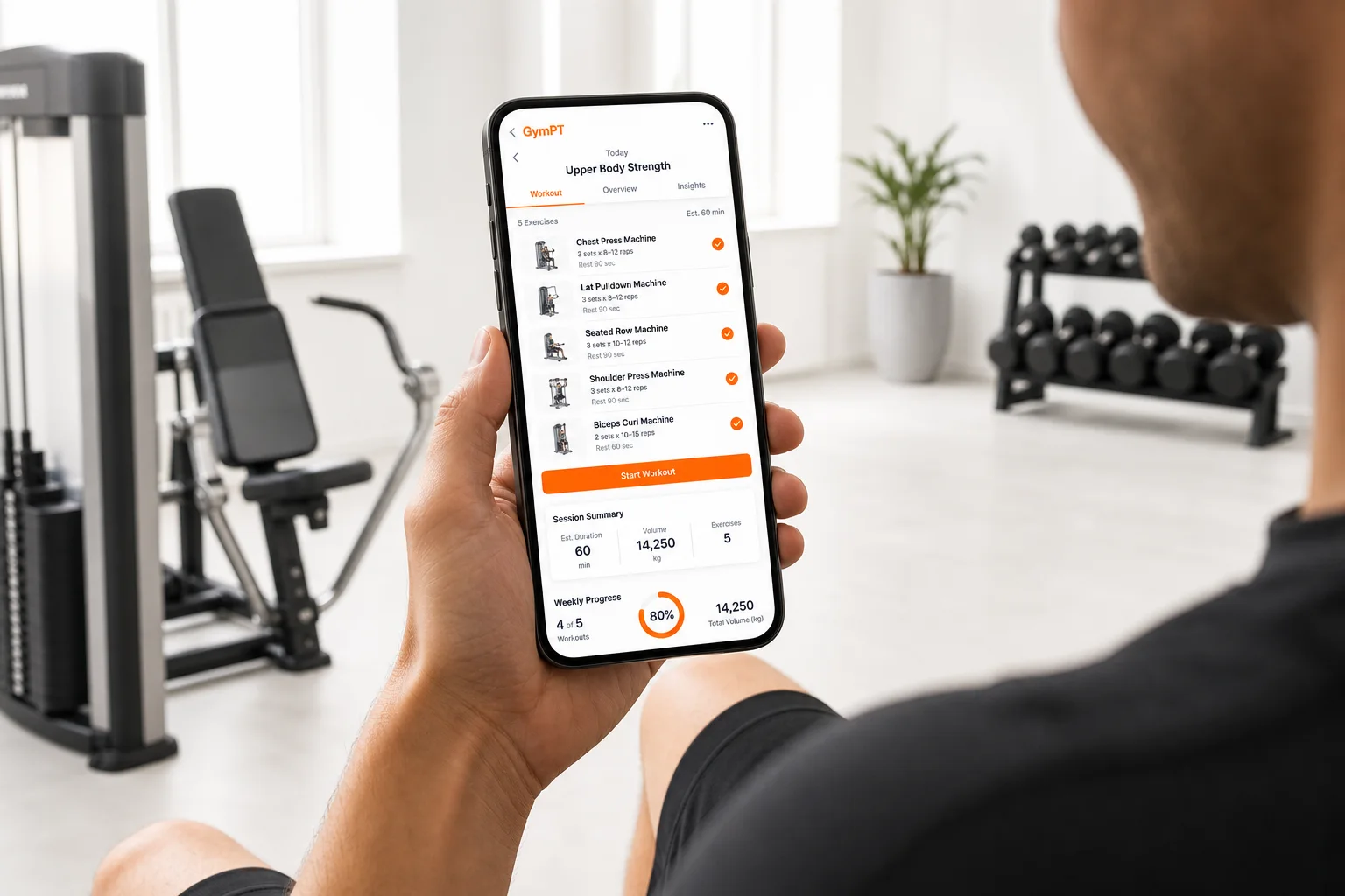 GymPT app showing a machines only workout plan in a modern gym