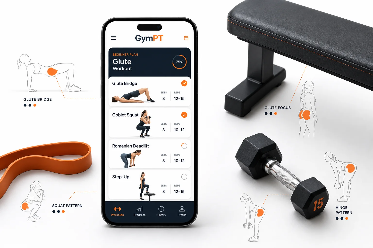 GymPT app showing a beginner glute workout plan with clean fitness equipment