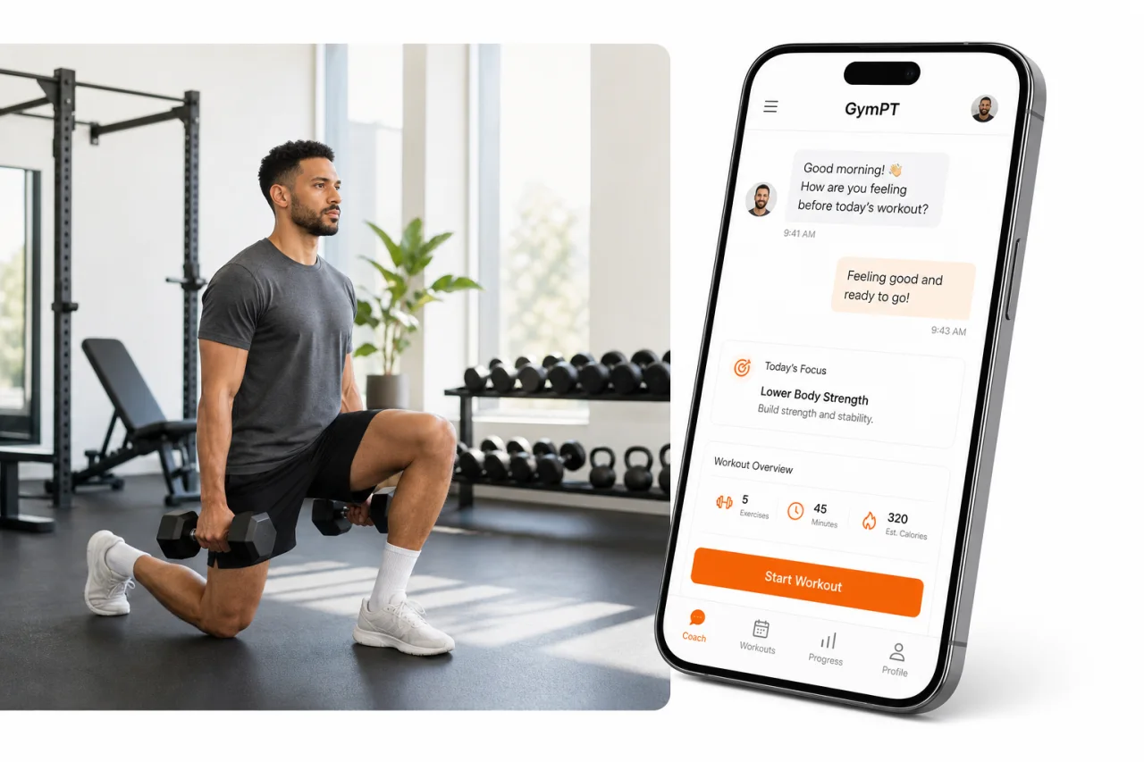 Beginner reverse lunge with GymPT coach chat on phone