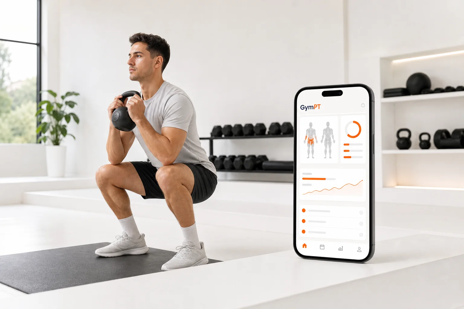 GymPT app and beginner performing a goblet squat in a clean gym setting