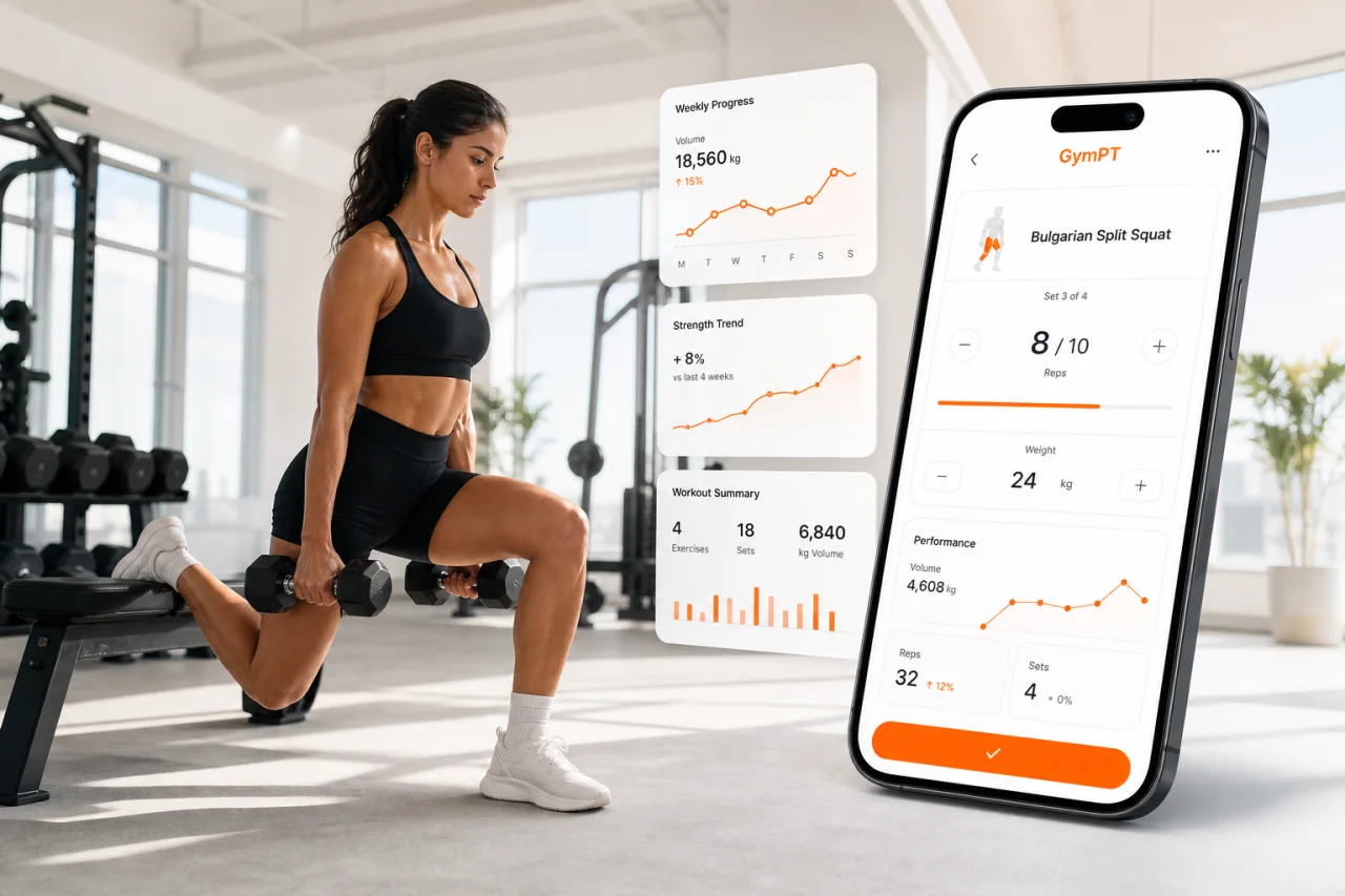 GymPT workout tracking screen beside a split squat demonstration