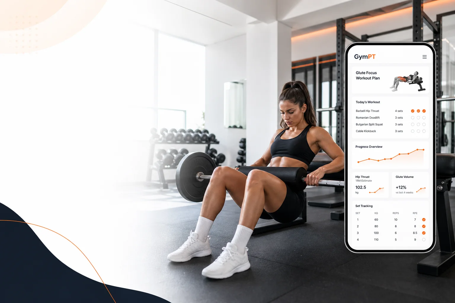 GymPT app visual showing a glute workout plan beside a hip thrust setup