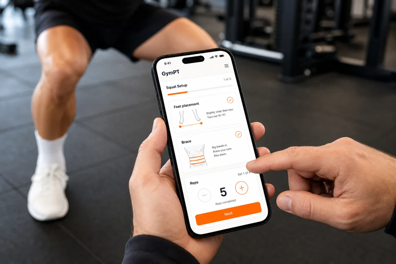 GymPT app screen showing squat setup cues and rep tracking