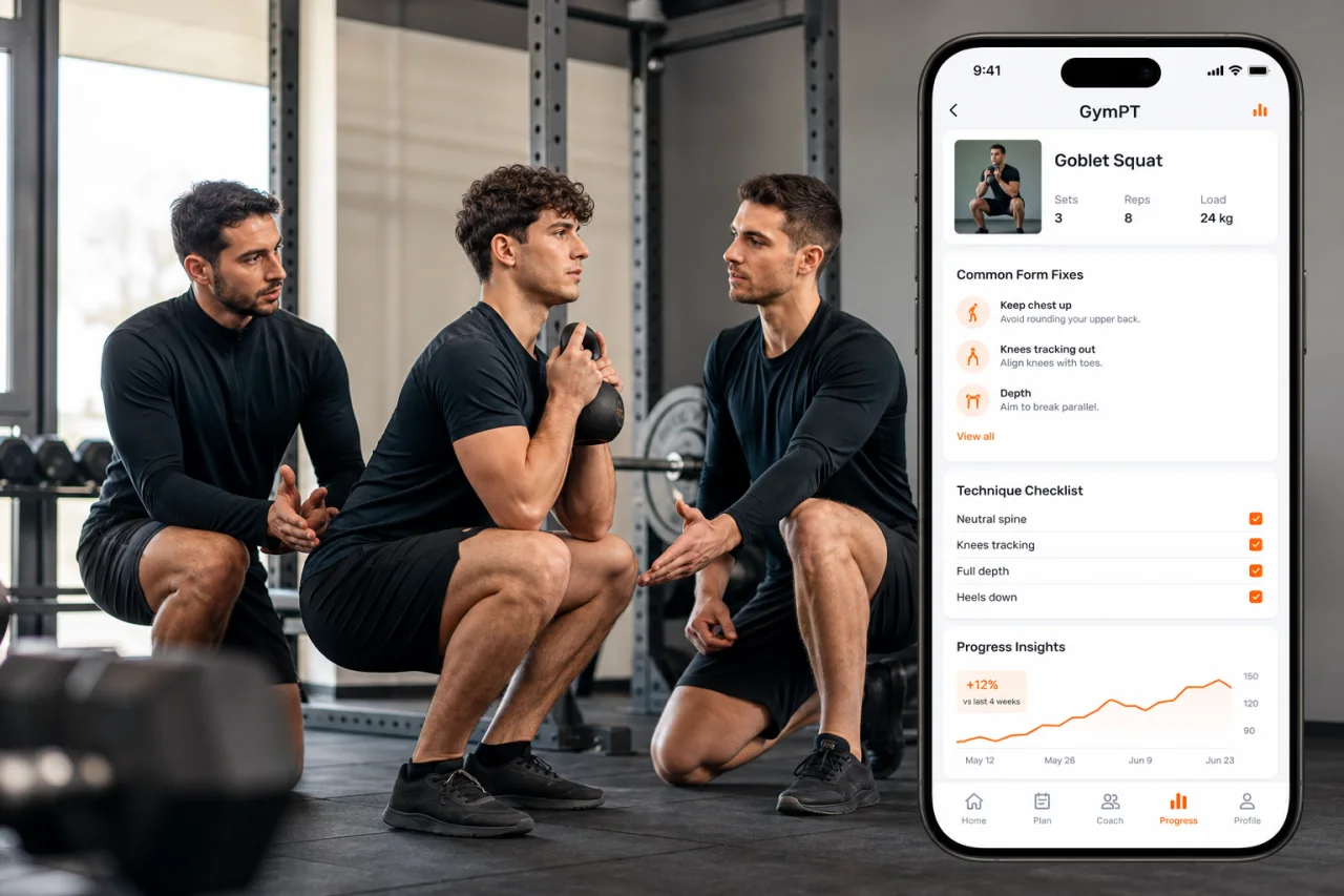 GymPT app coaching squat form with goblet squat and progress insights