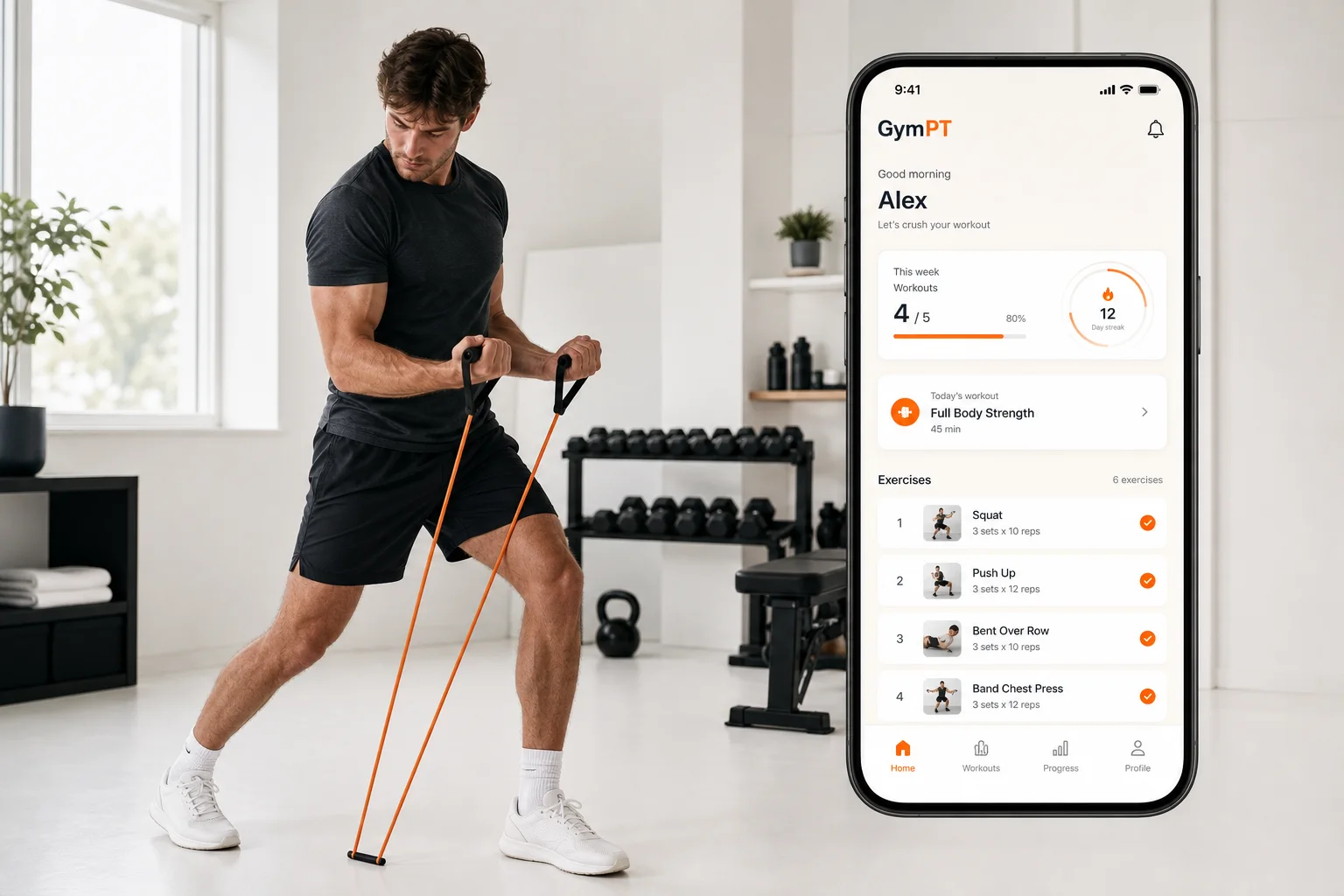 GymPT resistance band full body workout app visual