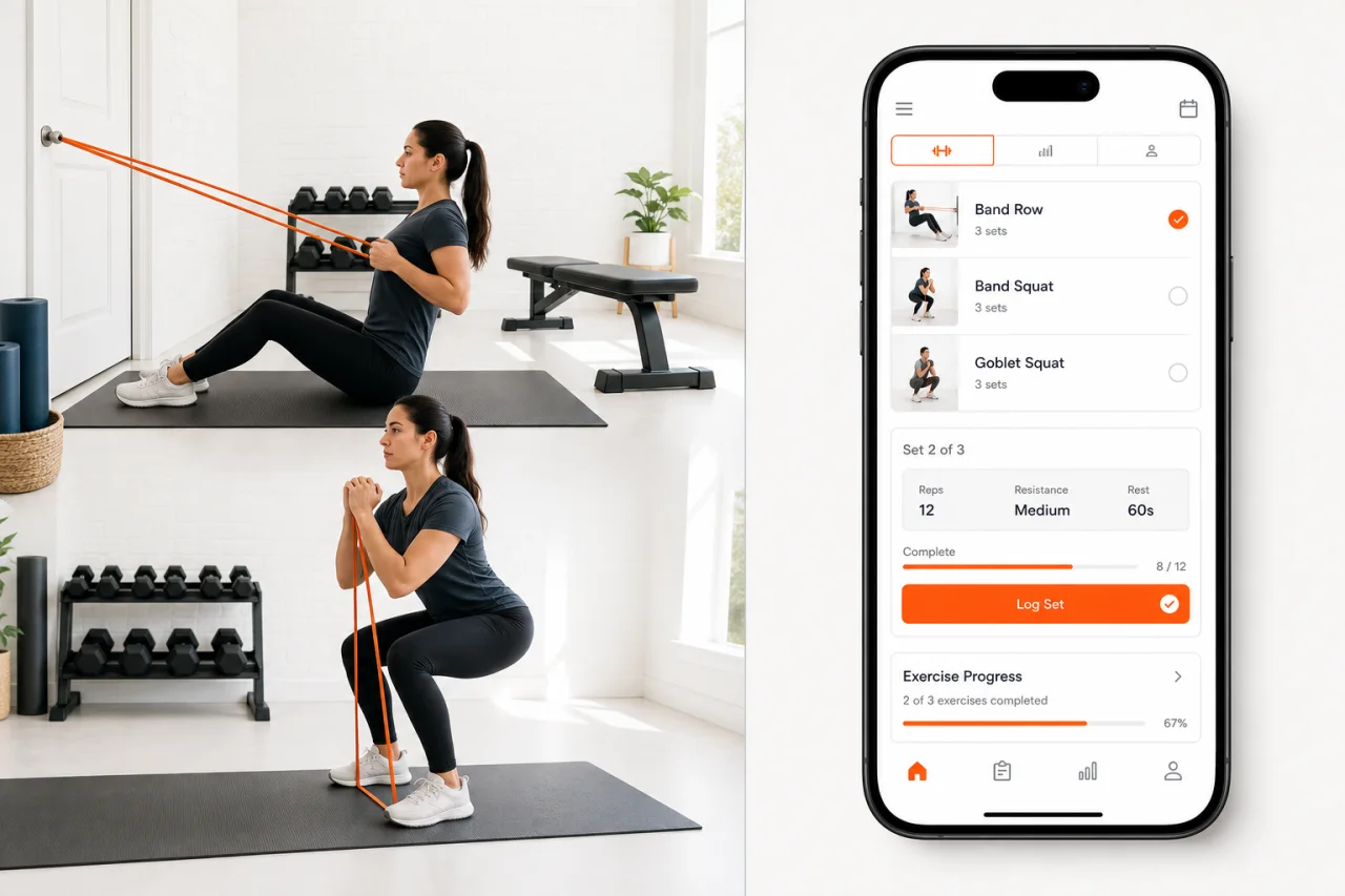 Beginner resistance band exercises with GymPT workout tracking on mobile.