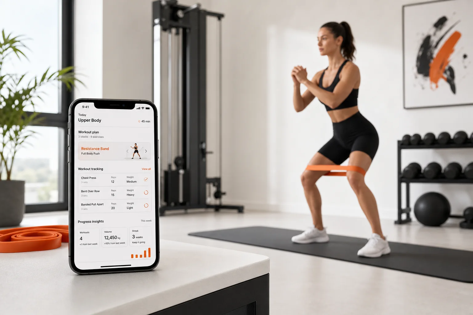 GymPT app showing a beginner resistance band workout plan in a clean editorial fitness scene.