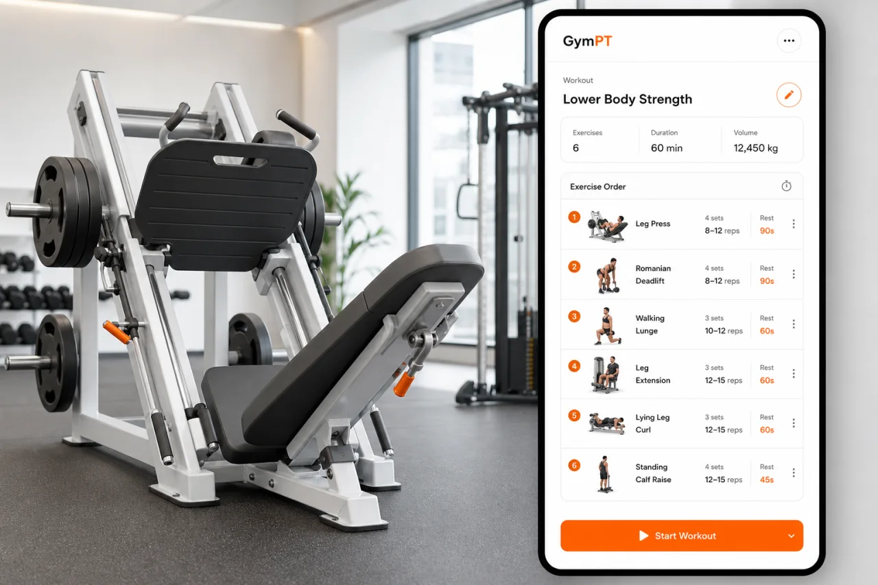 GymPT workout screen paired with a leg press machine and exercise order