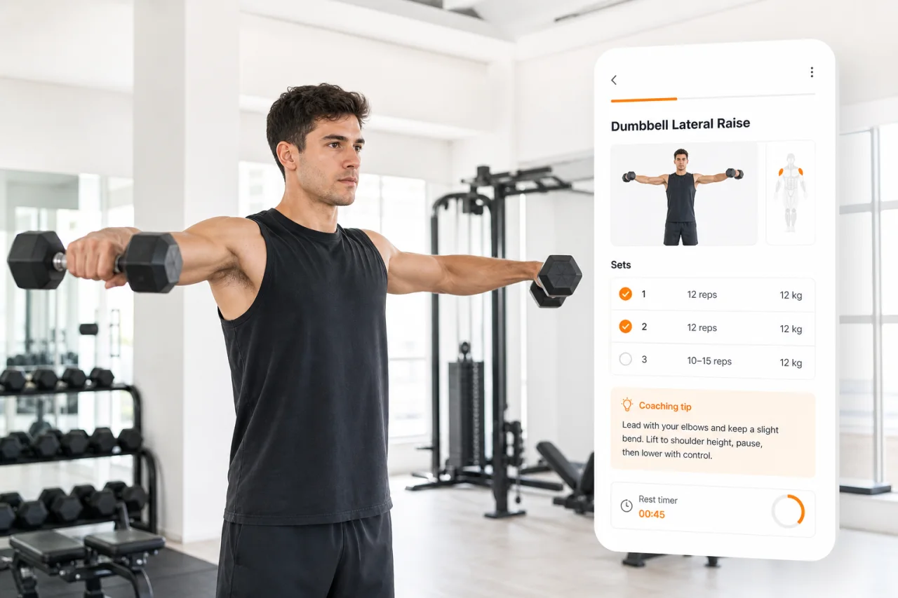 Dumbbell lateral raise with GymPT coaching overlay.