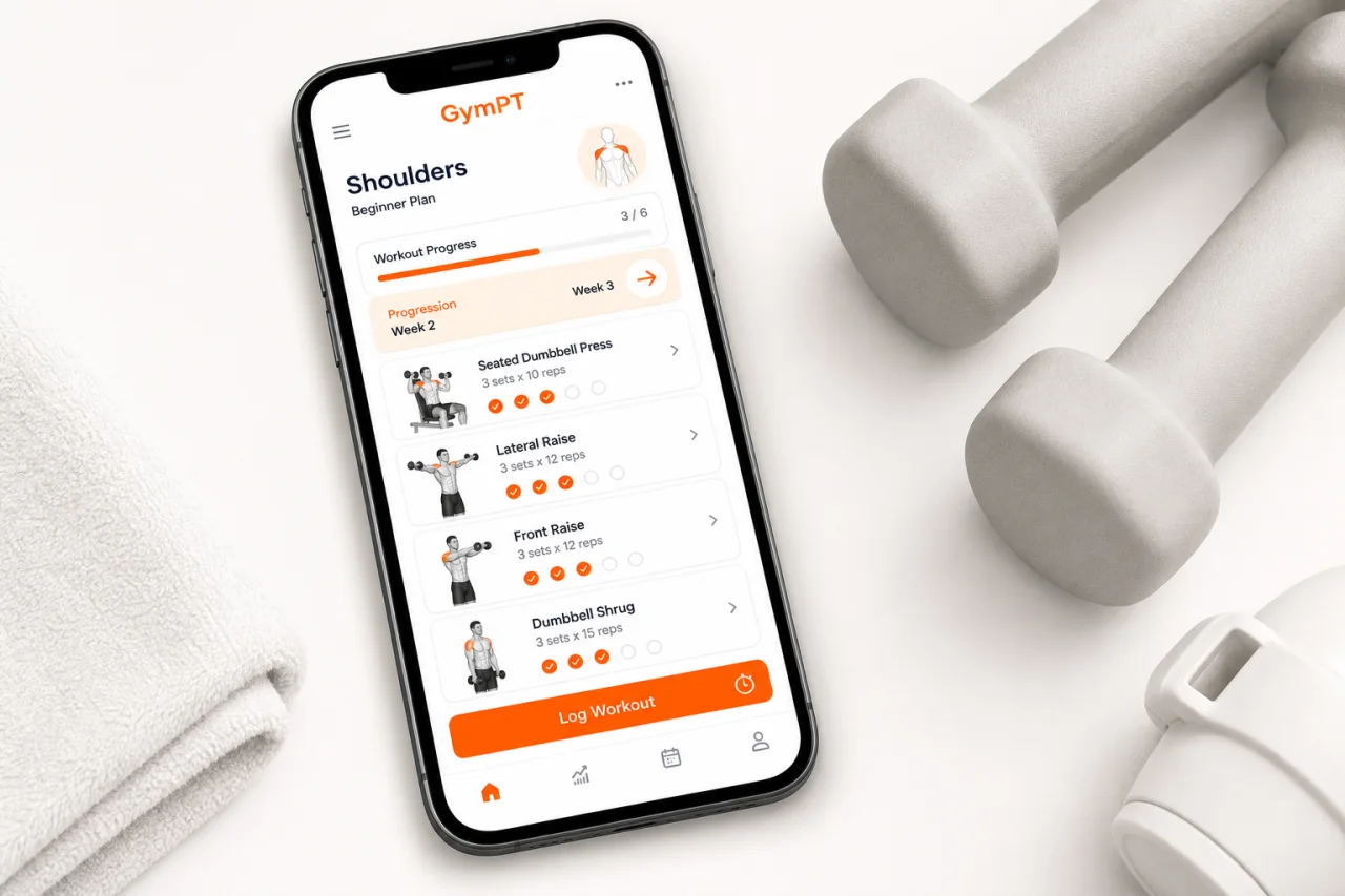 GymPT shoulder workout plan and tracking screen.