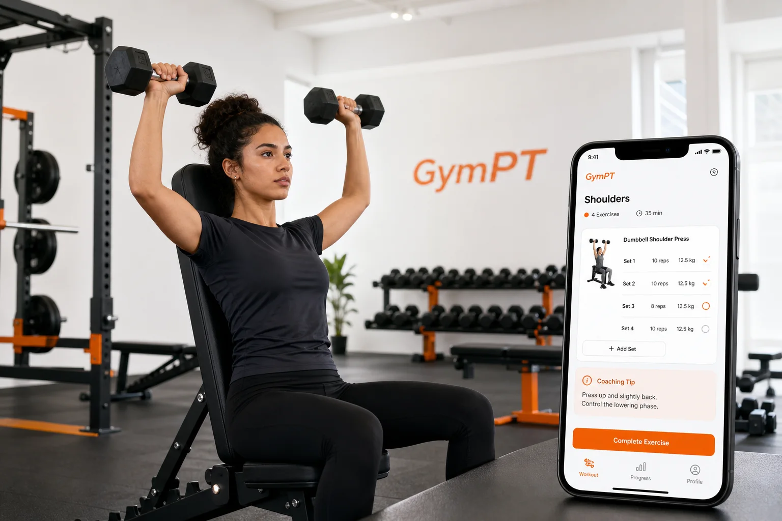 Beginner shoulder workout scene with GymPT app tracking a shoulder press session.