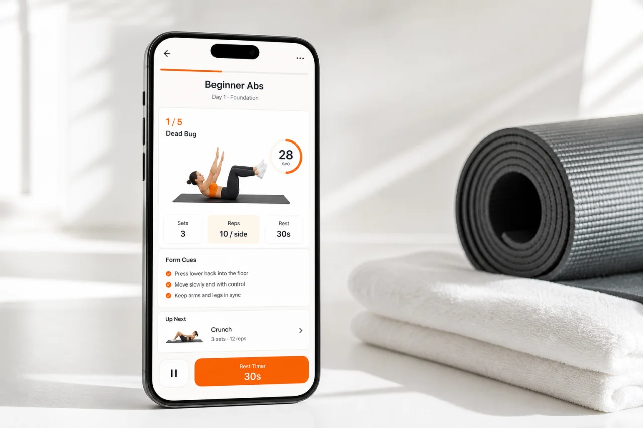 GymPT app workout screen for a beginner abs routine