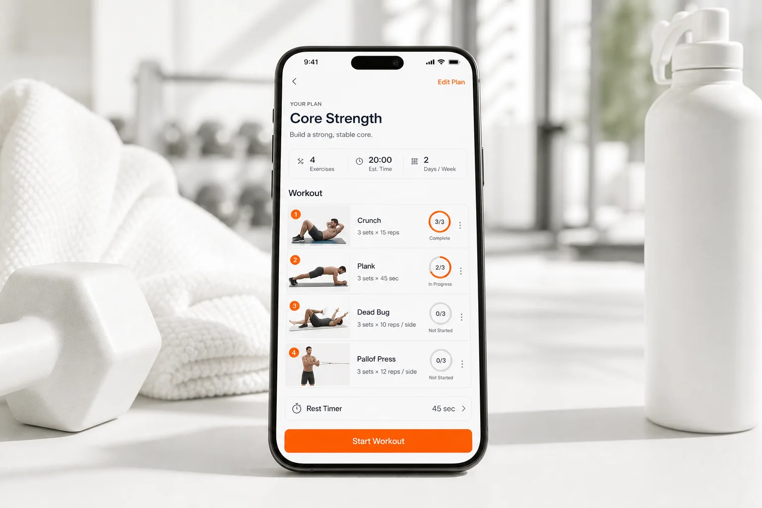 GymPT app showing a personalized core workout plan in a premium gym setting