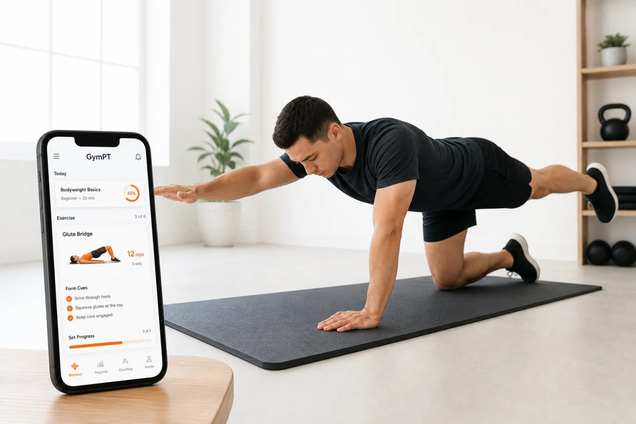 Beginner bodyweight training with GymPT coaching cues on a smartphone