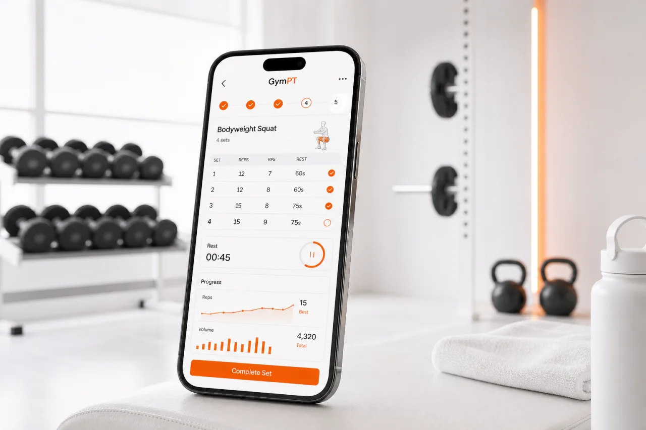 GymPT workout tracking screen for a beginner bodyweight plan