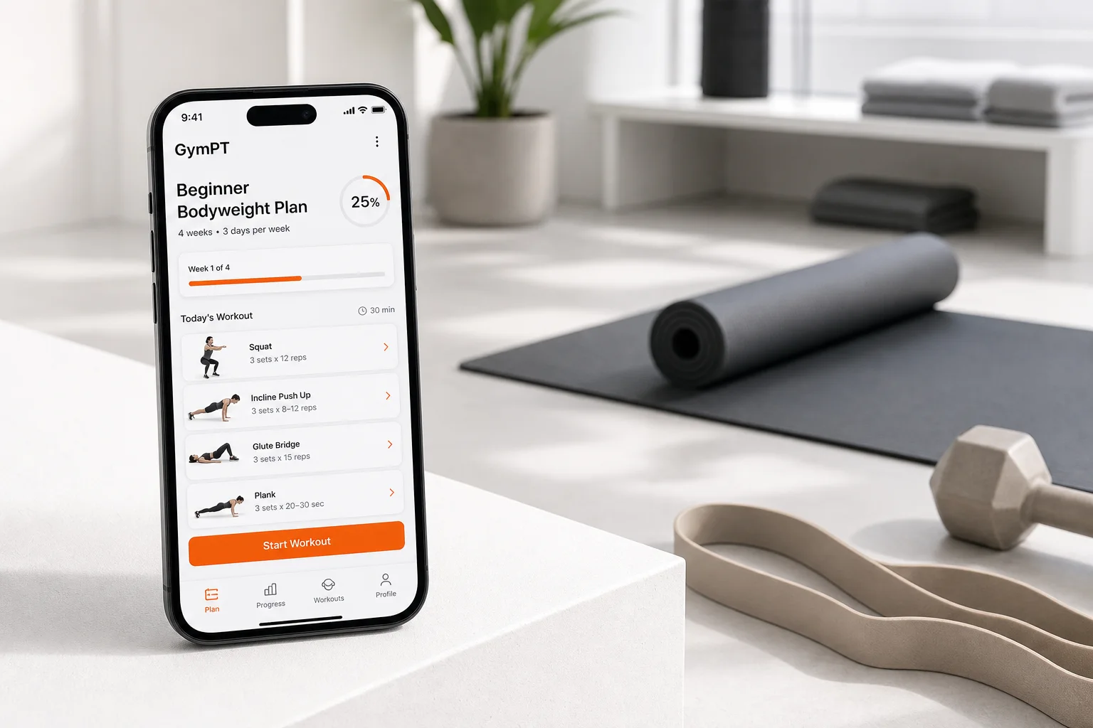 GymPT app showing a beginner bodyweight workout plan in a clean modern gym setting
