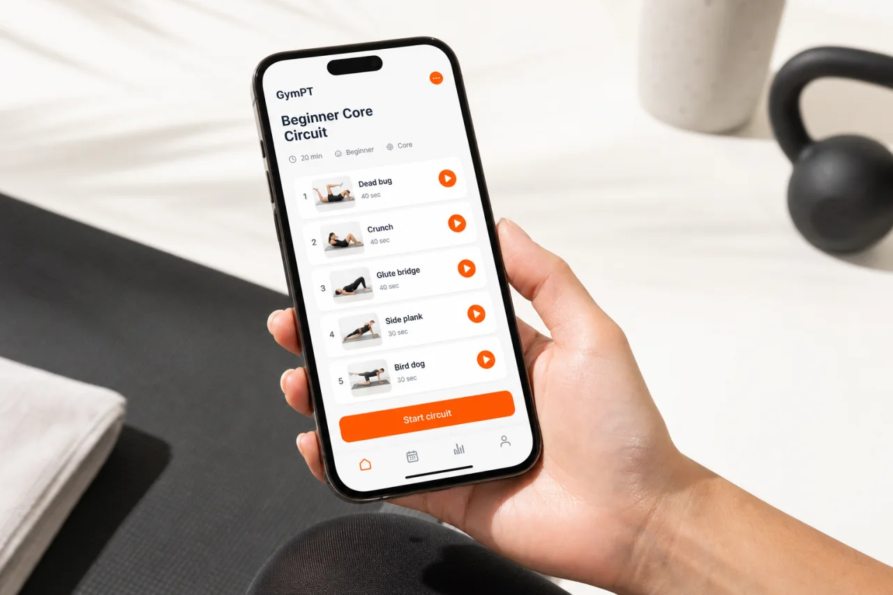 GymPT app screen showing a beginner core circuit