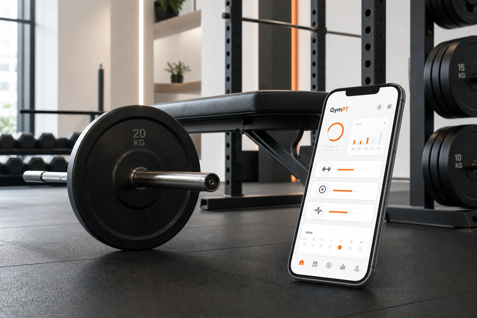 GymPT app showing a barbell full body workout plan in a modern gym
