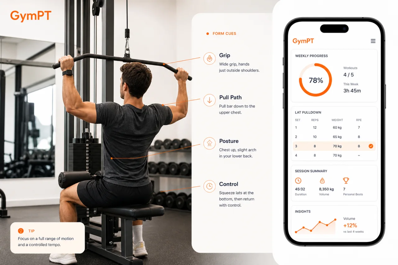 GymPT lat pulldown form cue visual for beginners