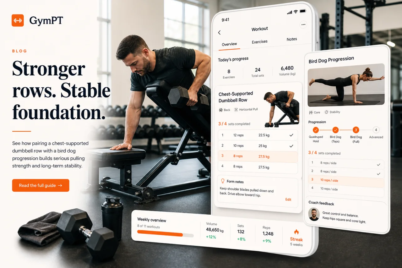 GymPT beginner back workout progression visual with rows and stability work