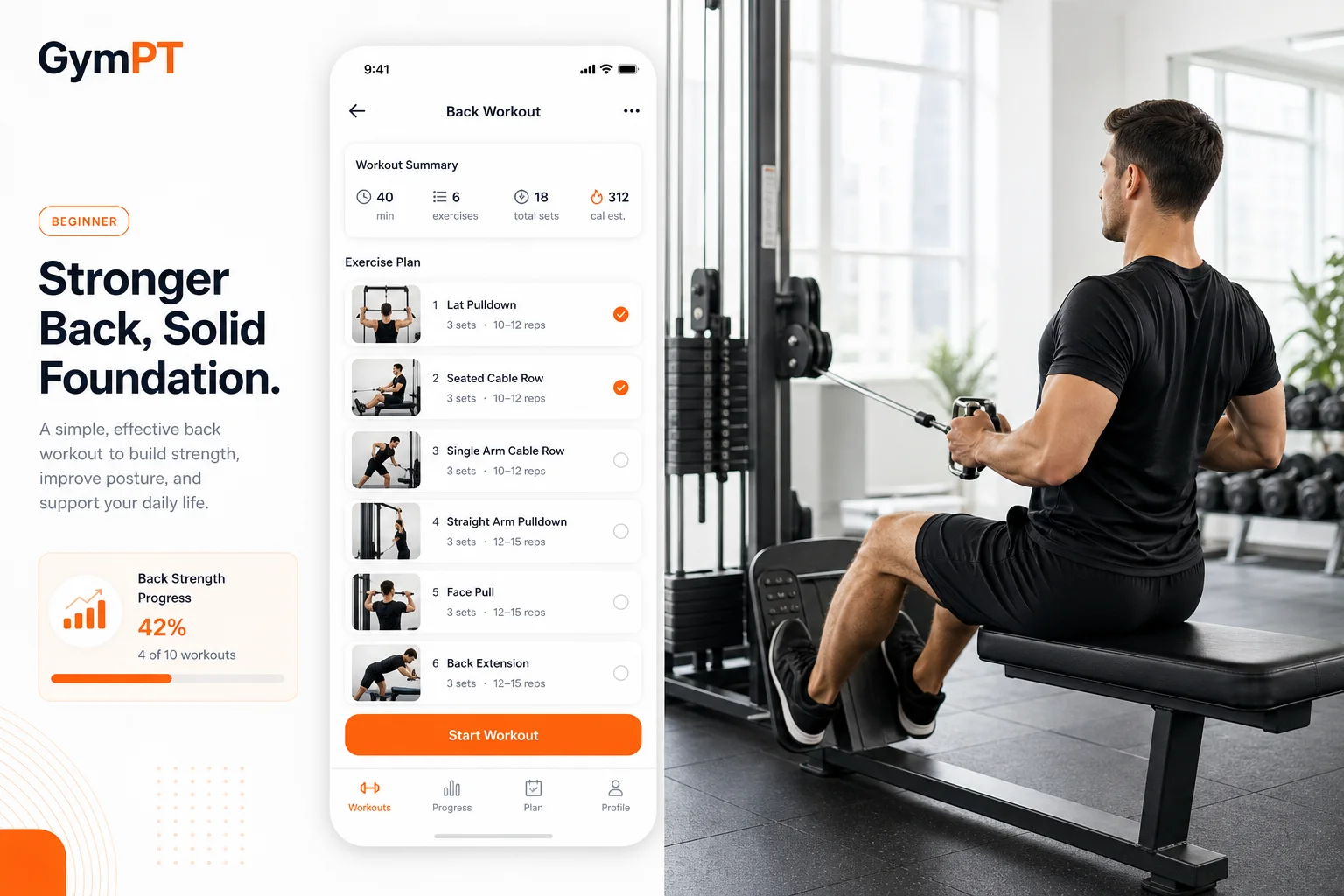 GymPT back workout for beginners featured image with app planning screen and seated cable row