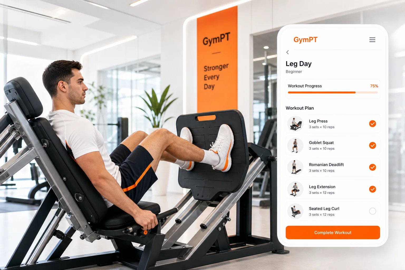 GymPT leg press machine beginner workout hero image