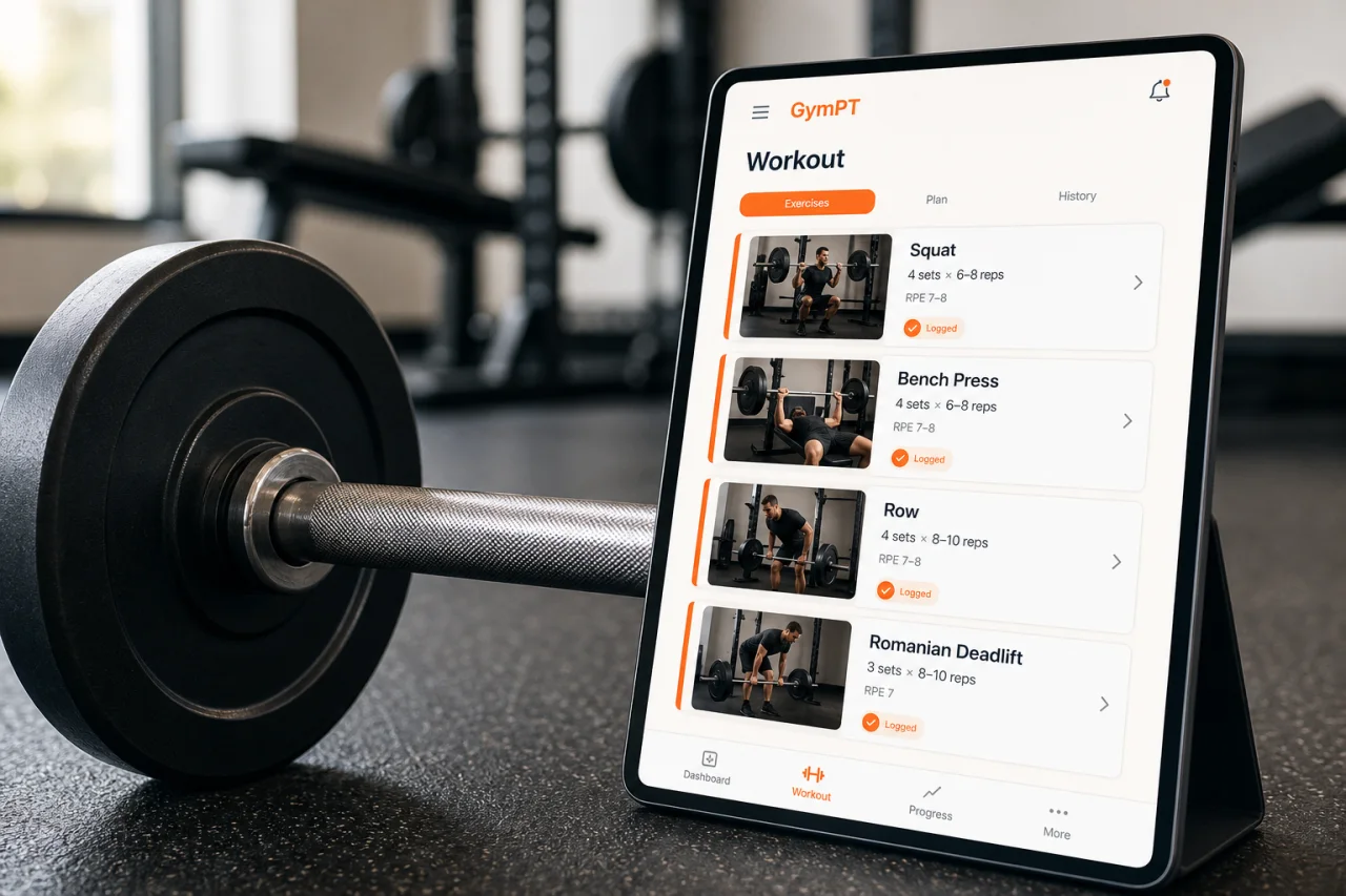 GymPT workout screen next to a beginner barbell setup