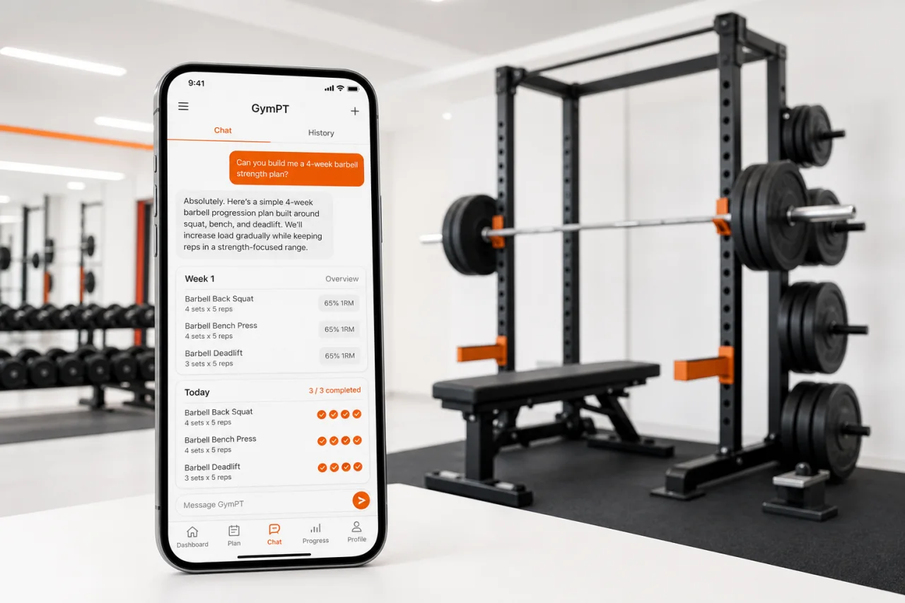 GymPT AI coach chat helping with barbell progression