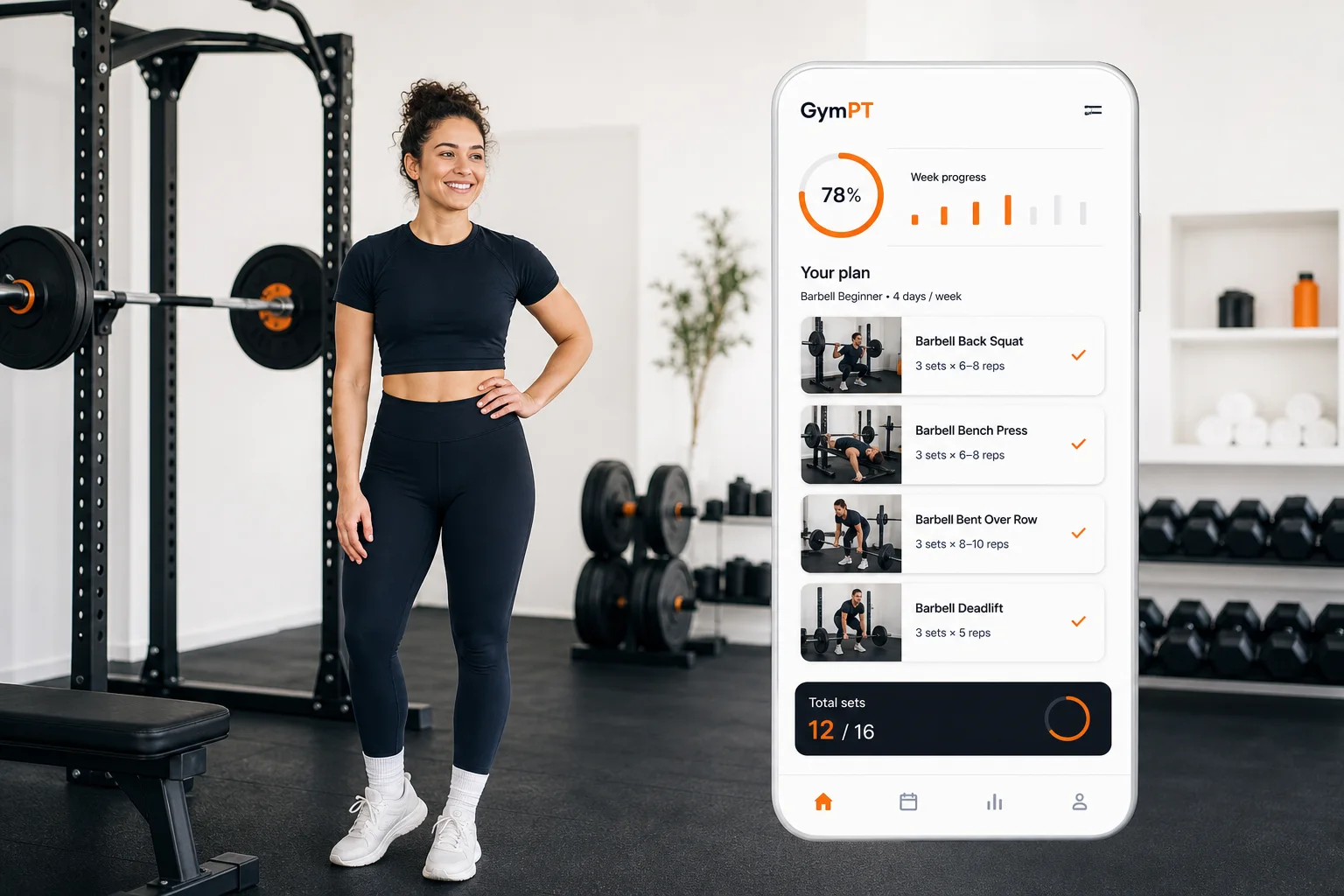 GymPT app showing a beginner barbell workout plan in a modern gym
