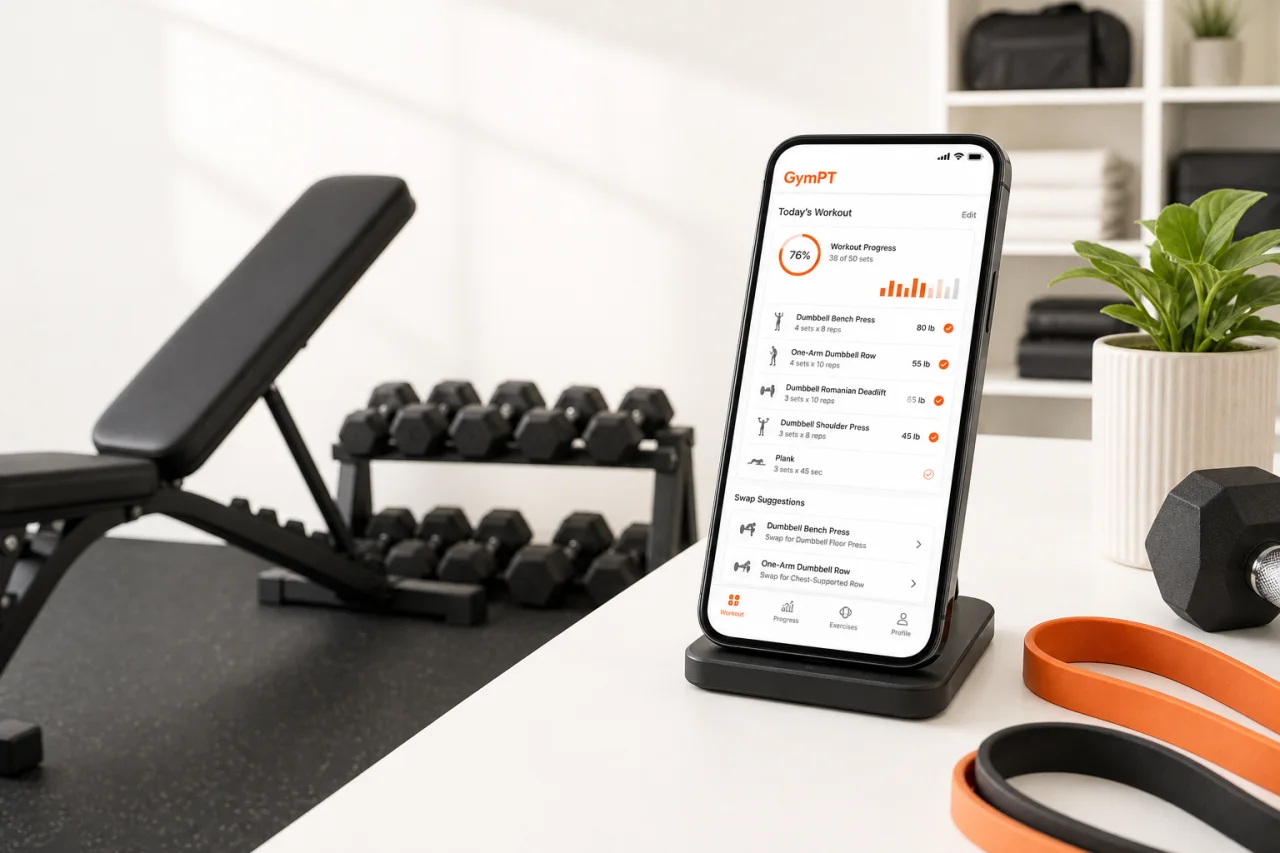 GymPT workout tracking screen beside home gym equipment