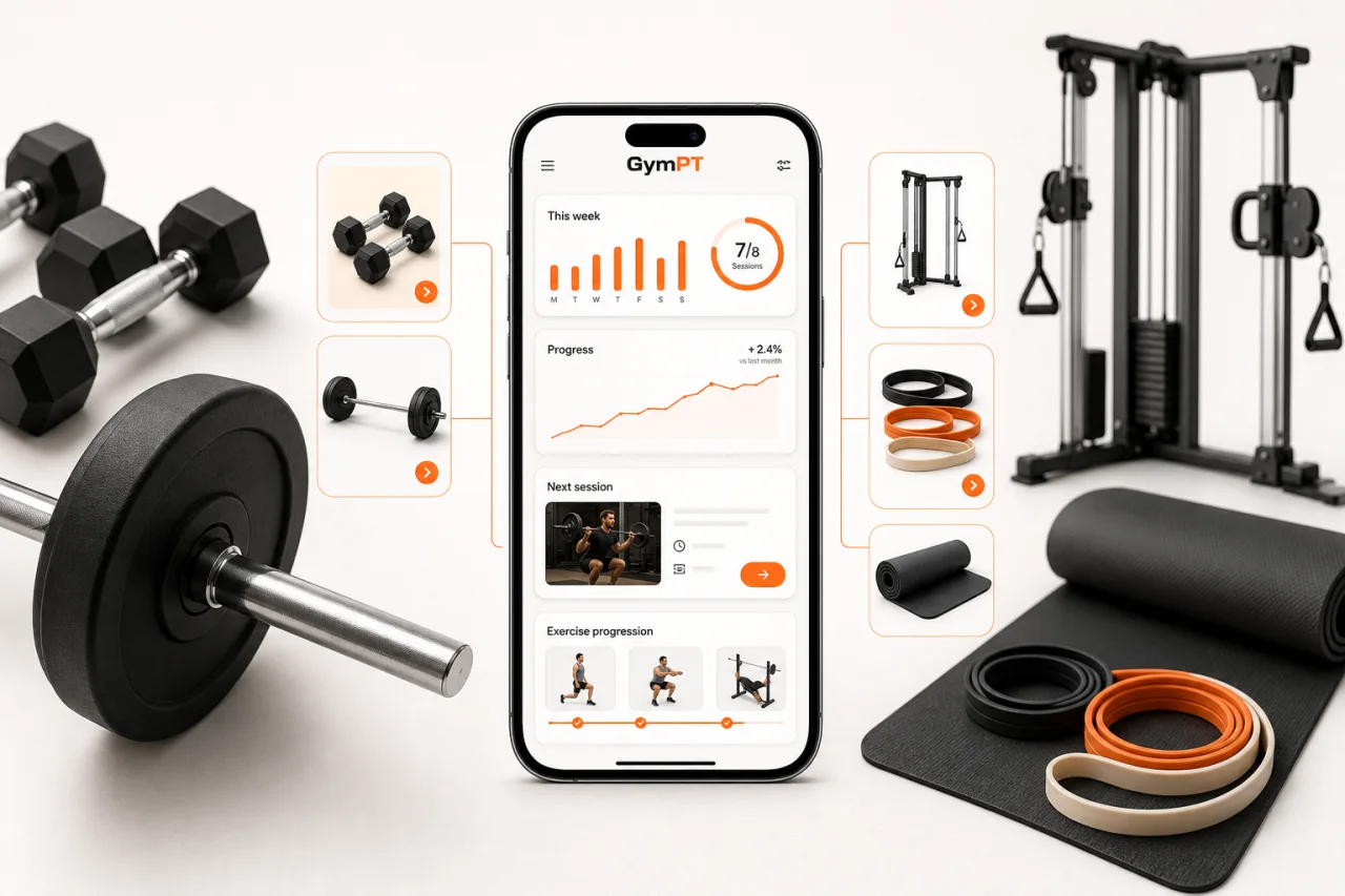 GymPT progress insights with multiple training equipment options