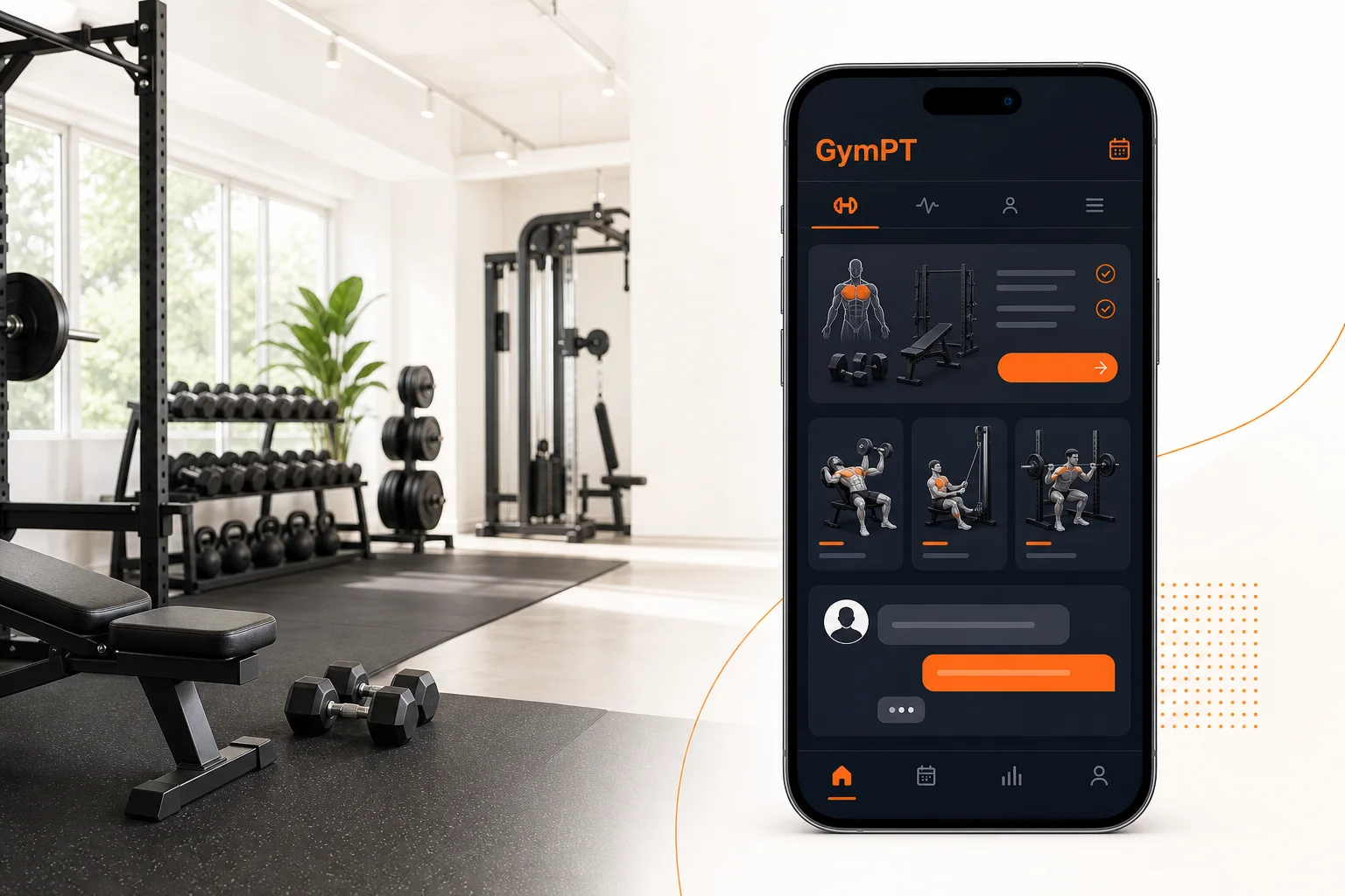 GymPT app showing an equipment based fitness program on a smartphone in a modern gym setting