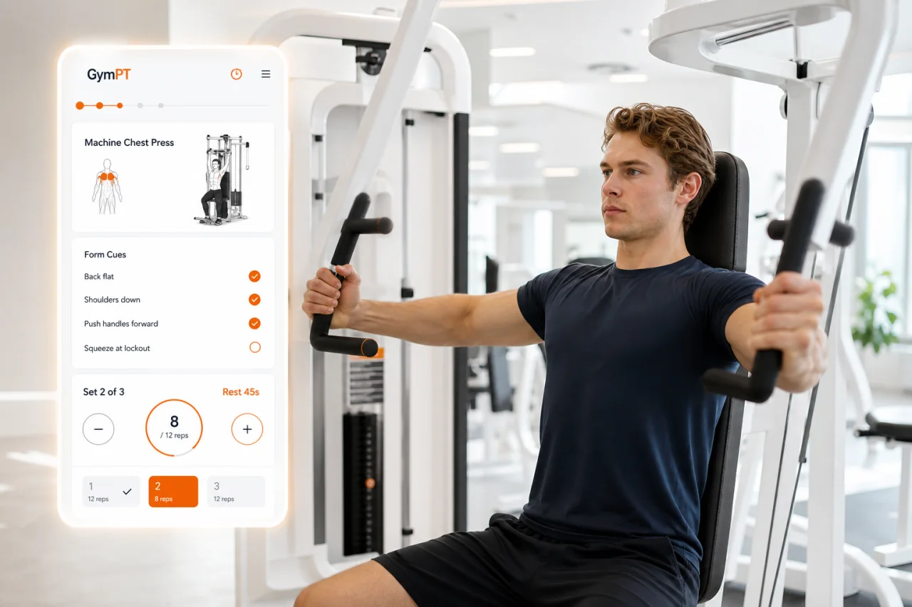 Beginner using GymPT form cues during a machine chest press