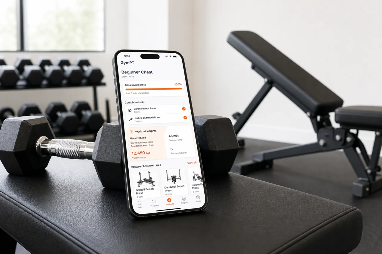 GymPT workout tracking screen beside beginner chest training equipment