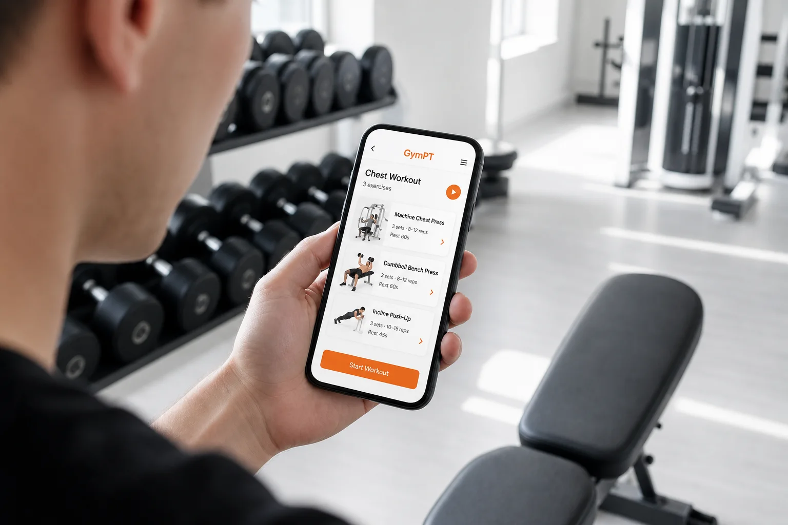GymPT app showing a beginner chest workout plan in a clean gym setting