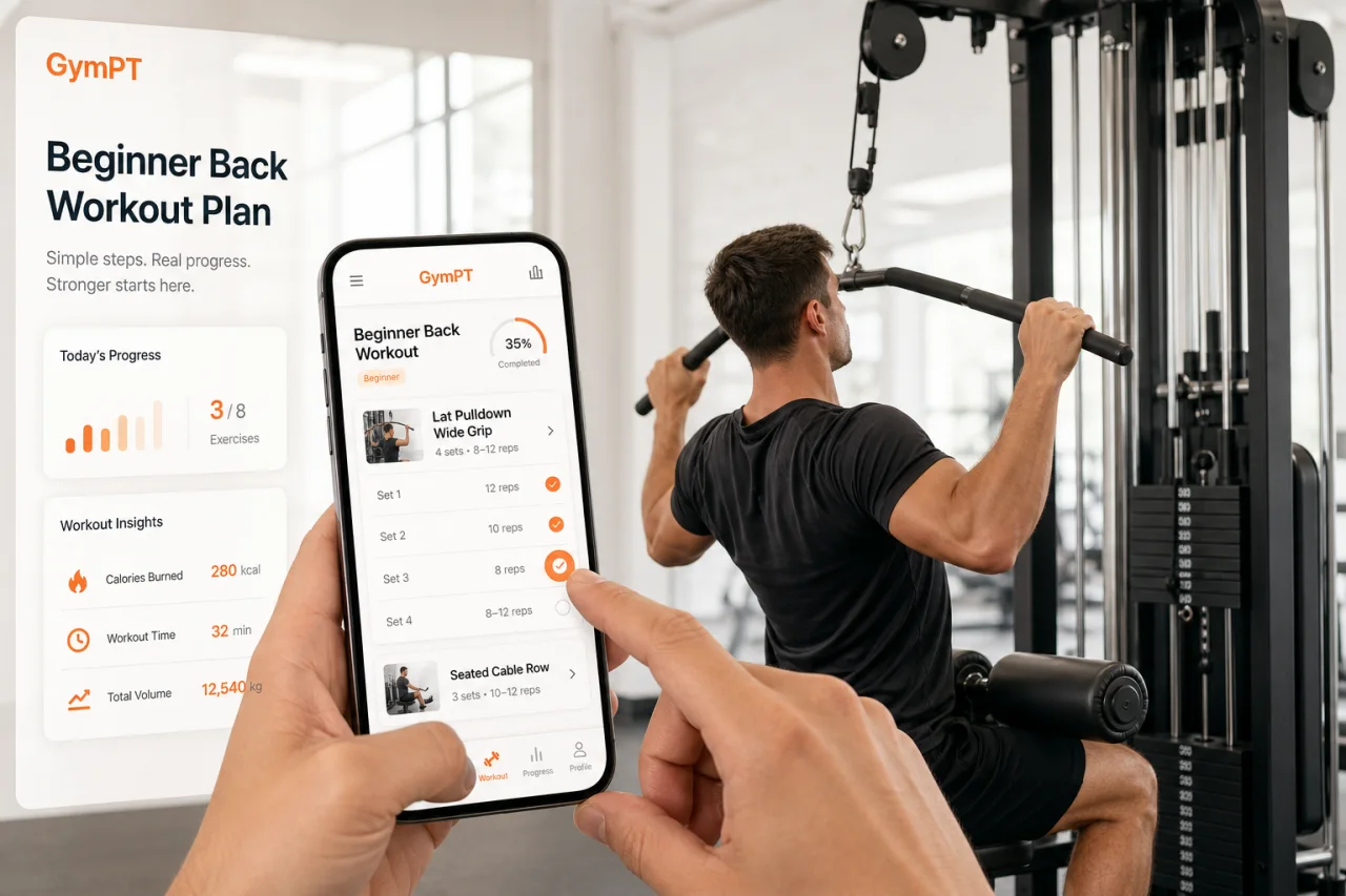 GymPT app workout plan beside a cable machine for beginner back training.