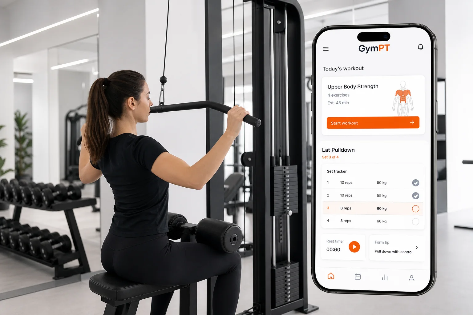 Beginner using a lat pulldown machine with GymPT workout guidance on a phone screen.