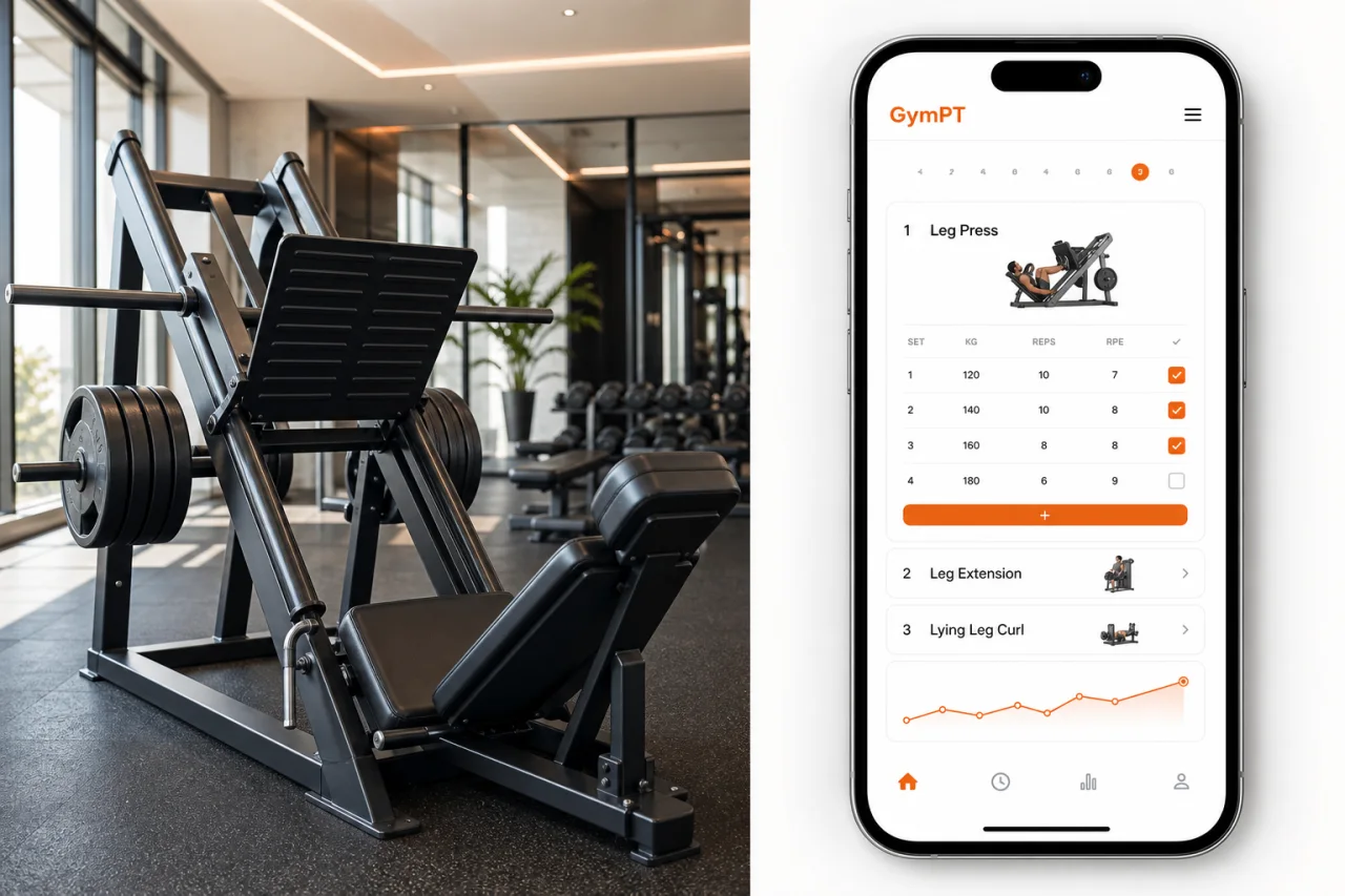 GymPT app visual for leg press training and workout tracking.