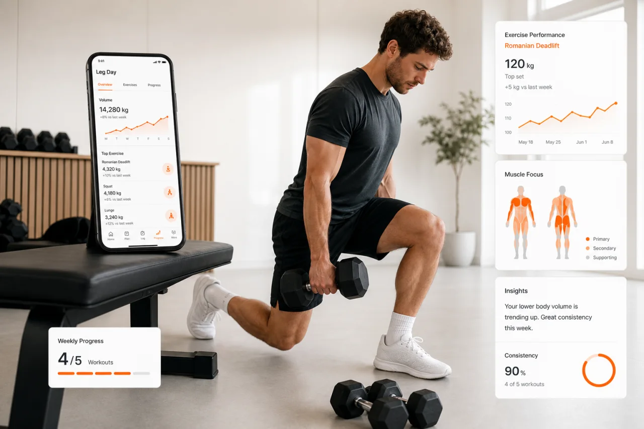 GymPT app visual showing lower-body exercise guidance and progress insights.