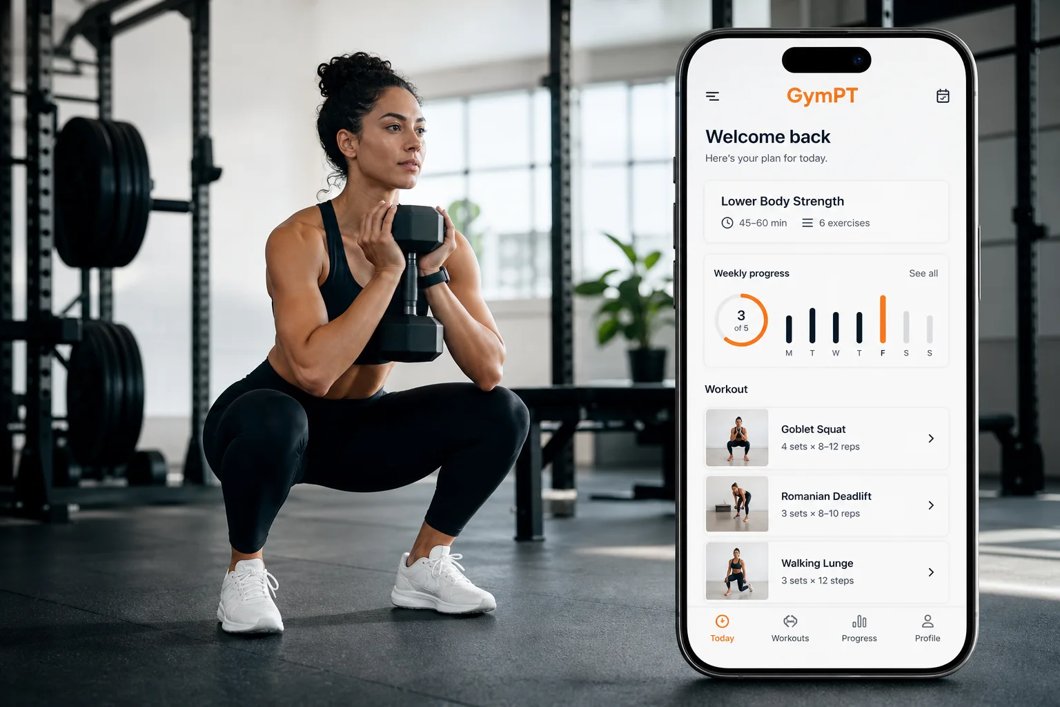 GymPT app visual showing a leg workout plan beside a goblet squat demonstration.