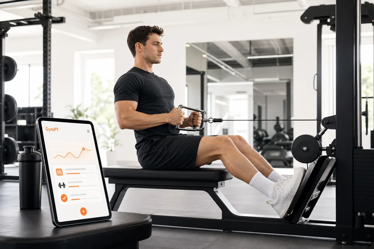 Beginner performing a seated cable row with GymPT app guidance