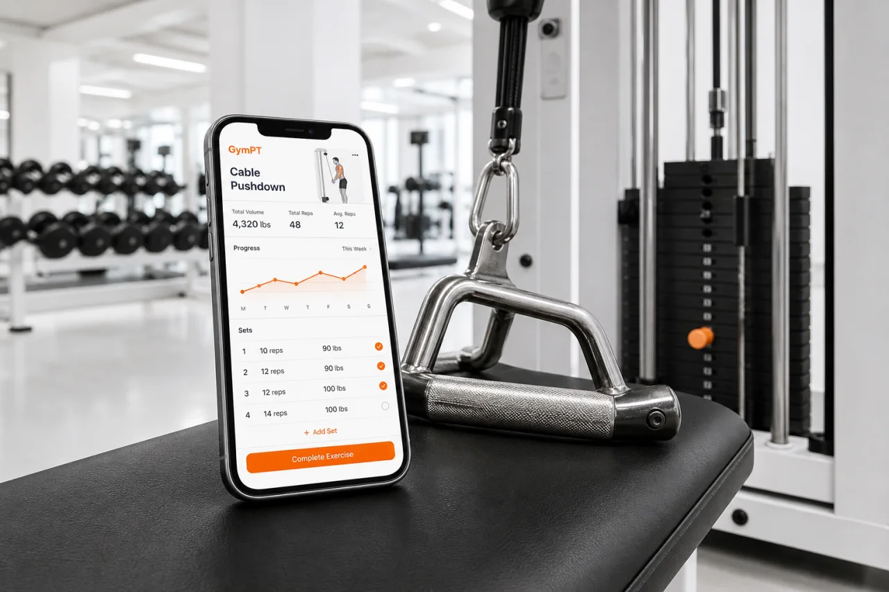 GymPT workout tracking screen next to cable machine equipment