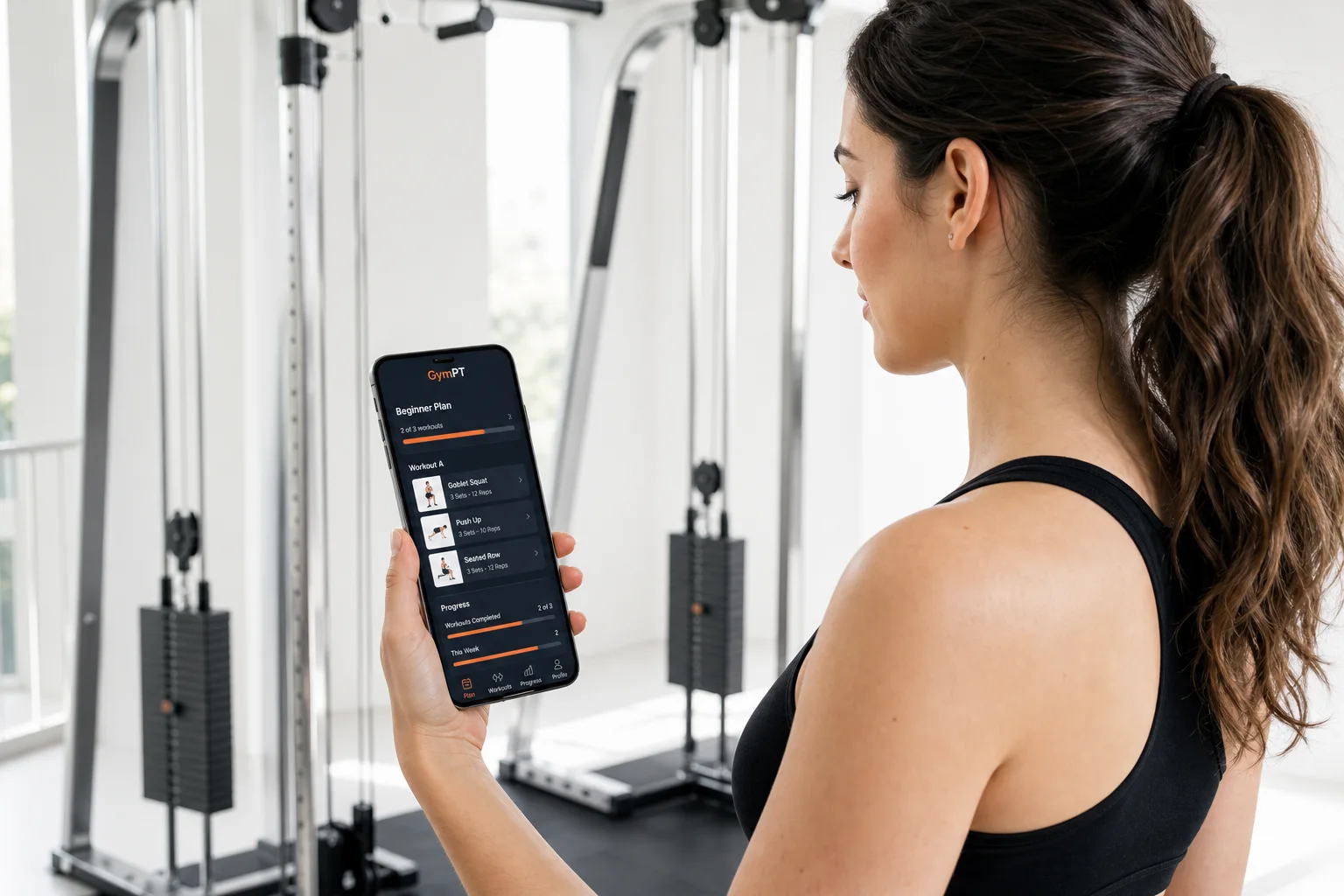 GymPT user viewing a beginner cable machine workout plan on a phone in a bright gym