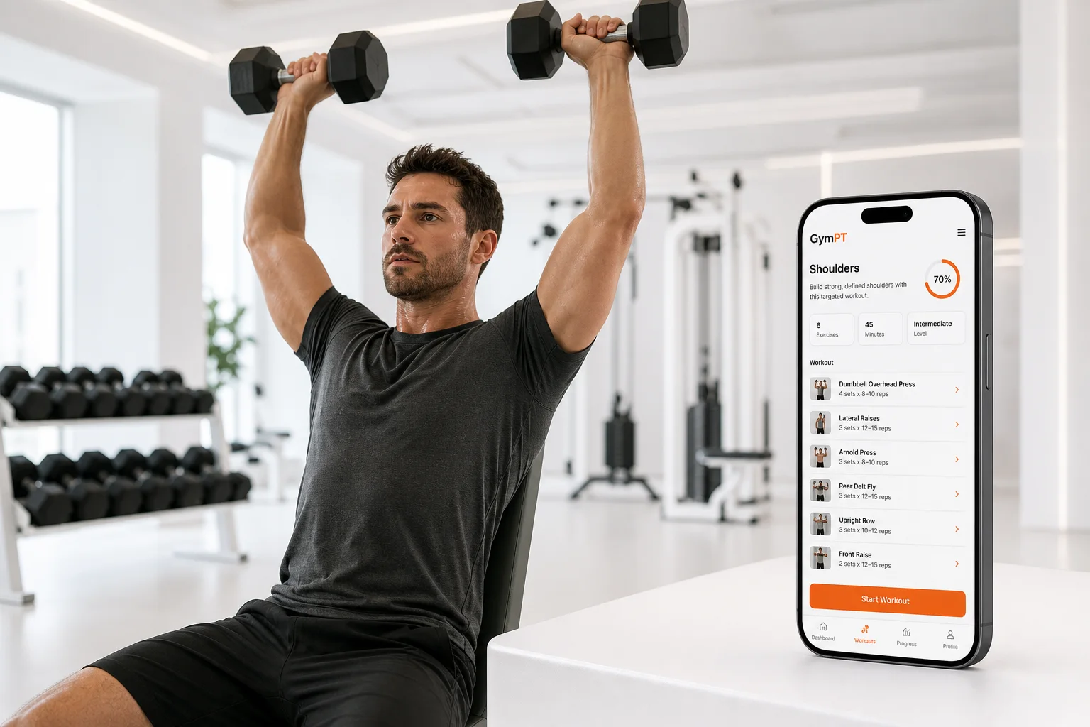 GymPT shoulder workout hero image with dumbbell overhead press and app UI