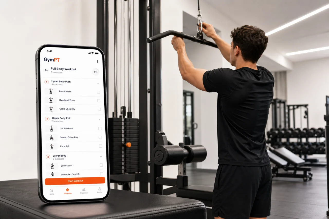 Athlete using a lat pulldown machine with GymPT workout guidance